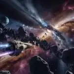 Spaceship Flying Through Asteroid Field