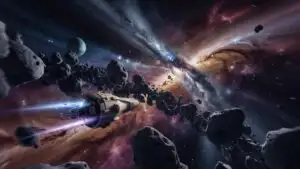 Spaceship Flying Through Asteroid Field