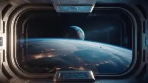 Spaceship Window View of Distant Earth