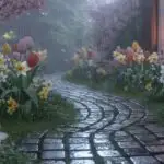 Spring Rain on Flower Garden Path
