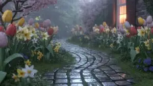 Spring Rain on Flower Garden Path