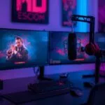 Streaming Setup With Microphone and Dual Screens