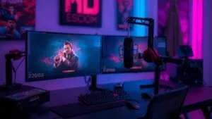 Streaming Setup With Microphone and Dual Screens