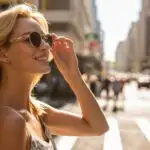 Stylish Woman Adjusting Her Sunglasses in City Street