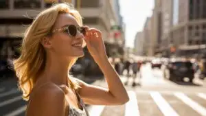 Stylish Woman Adjusting Her Sunglasses in City Street