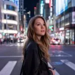 Stylish Woman Waiting at Crosswalk in City Night Lights
