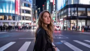 Stylish Woman Waiting at Crosswalk in City Night Lights