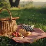 Summer Picnic Basket on Green Grass
