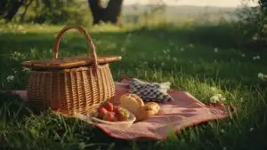 Summer Picnic Basket on Green Grass