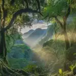 Sunlit Forest Canopy Over Lush Green Paths