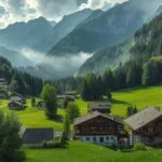 Swiss Alps Green Valley Wooden Chalets Picturesque