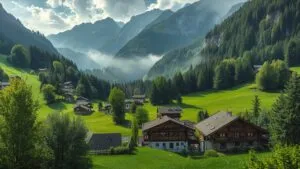 Swiss Alps Green Valley Wooden Chalets Picturesque