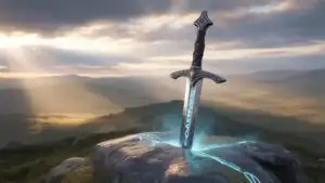 Sword in Stone on Hilltop at Dawn