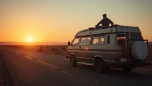 Traveler on Road Trip Beside Caravan