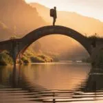 Traveler Standing on Bridge Over River