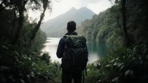 Traveler with Backpack in Jungle
