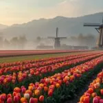 Tulip Fields Windmill Holland Colorful Rows Spring
