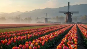 Tulip Fields Windmill Holland Colorful Rows Spring