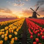 Tulip Fields Windmill Holland Colorful Rows