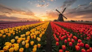 Tulip Fields Windmill Holland Colorful Rows