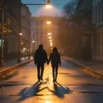 Two Shadows Long Walk Empty Street Lamp