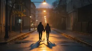 Two Shadows Long Walk Empty Street Lamp