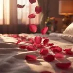 Valentine Rose Petals on Soft Bed Sheets