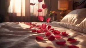 Valentine Rose Petals on Soft Bed Sheets