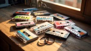 Vintage Cassette Tapes Scattered on Wooden Desk