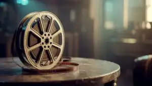 Vintage Cinema Reel Resting on Worn Metal Surface