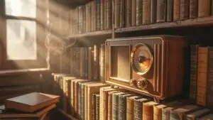 Vintage Radio on Bookshelf With Soft Morning Light