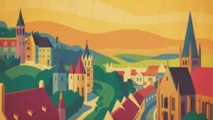 Vintage Travel Poster Design European Cityscape Flat