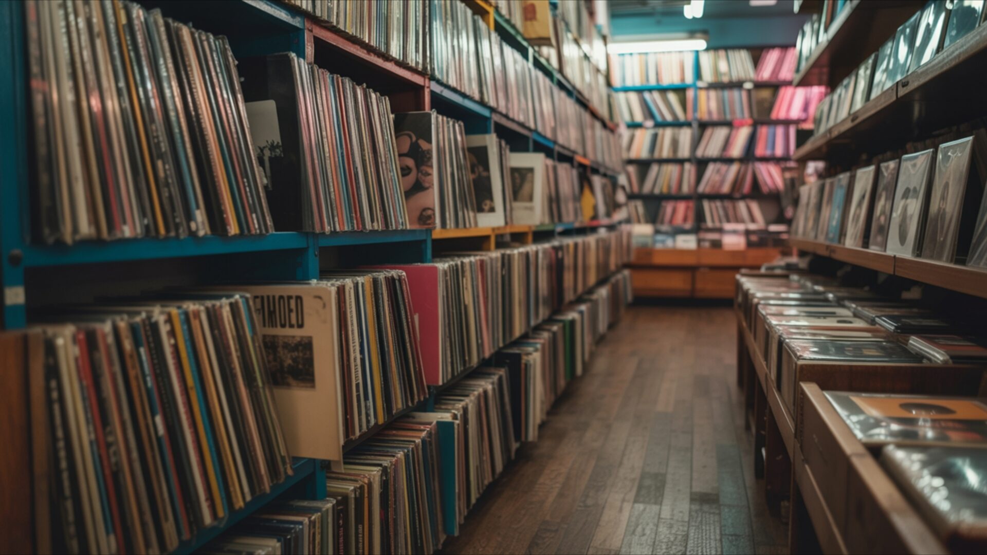 vintage vinyl aisle inside retro record store wallpaper, retro, classic shelves, nostalgic music, record store, retro style, vintage shop scene, vinyl aisle, warm ambiance, desktop, mobile, background