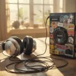 Walkman and Headphones on Table With Stickers