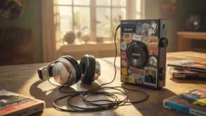 Walkman and Headphones on Table With Stickers