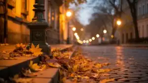Warm Autumn Evening With Street Lantern Glow
