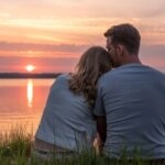 Warm Sunrise Over Couple Sitting by the Lake