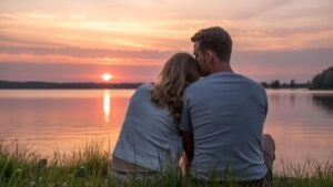 Warm Sunrise Over Couple Sitting by the Lake