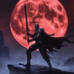 Warrior Holding Sword Under Red Moon