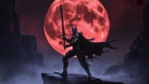 Warrior Holding Sword Under Red Moon