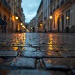 Wet Cobblestone Street Rain Evening Reflection Old Town
