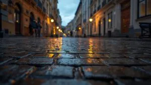 Wet Cobblestone Street Rain Evening Reflection Old Town