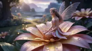 Whimsical Magical Fairy Girl Gentle Flower Scene