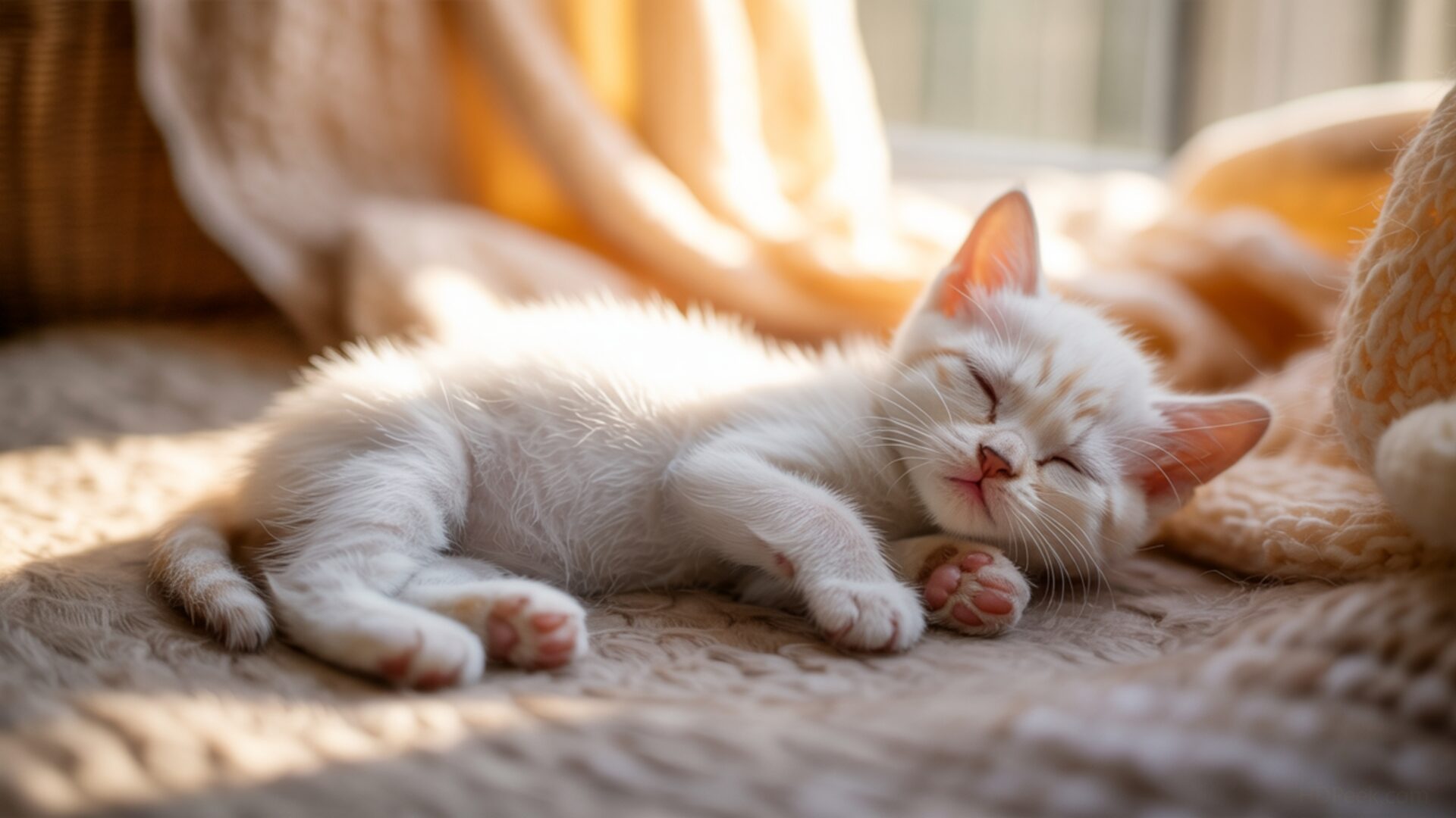 white kitten sleeping on blanket wallpaper, animals, adorable pet, baby cat, cute cat, kitten, sleeping cat, soft fur, white cat, desktop, mobile, background