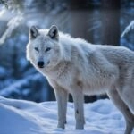 White Wolf With Glowing Eyes in Snow Forest