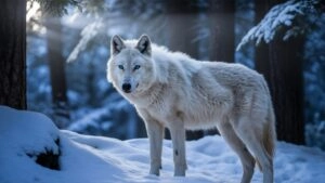 White Wolf With Glowing Eyes in Snow Forest