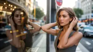 Woman Fixing Her Hair While Looking at Store Window