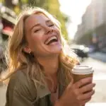 Woman Laughing While Holding a Takeaway Coffee