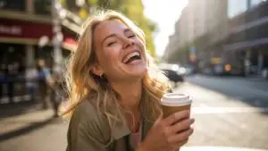 Woman Laughing While Holding a Takeaway Coffee