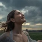 Woman Looking Up at Rainy Sky